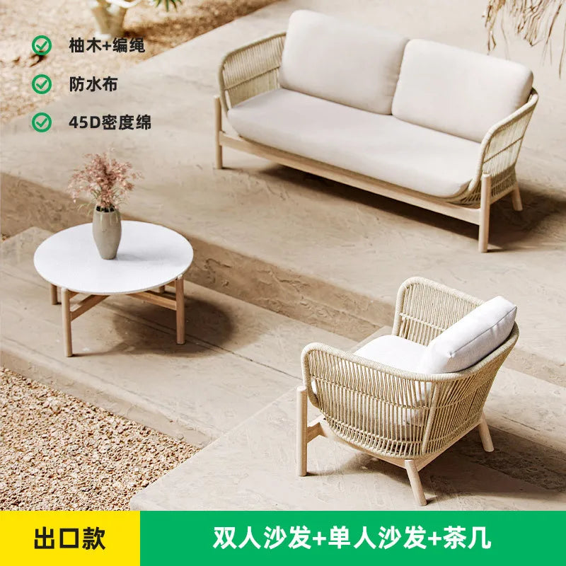 Outdoor sofa courtyard rattan teak outdoor garden villa hotel waterproof and sun protection homestay solid wood sofa furniture
