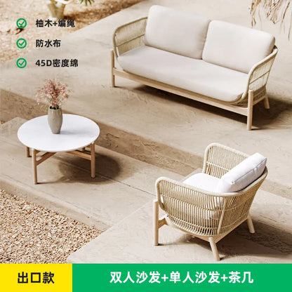 Outdoor sofa courtyard rattan teak outdoor garden villa hotel waterproof and sun protection homestay solid wood sofa furniture