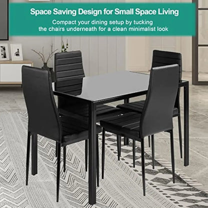 Dining Room Table Set for 4 Dining Table Set with Tempered Glass Table Top and 4 Faux Leather Chairs for Small Spaces Kitchen