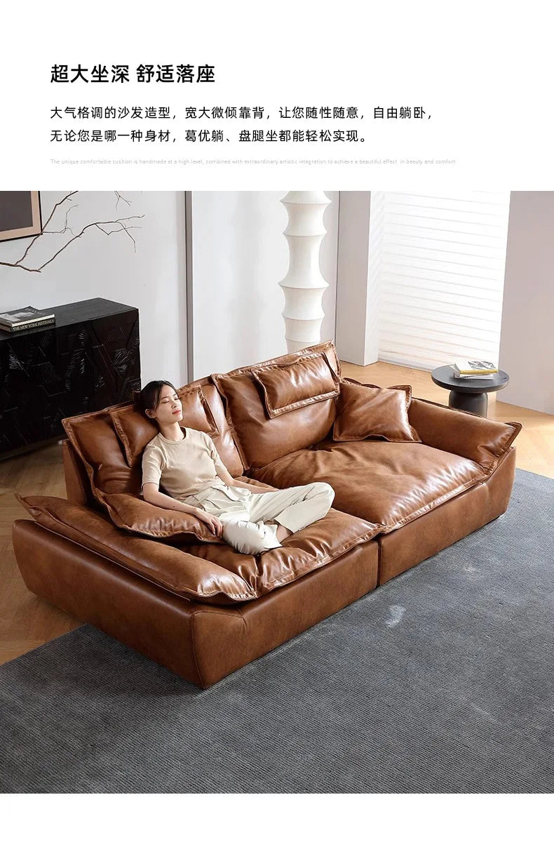 Sailing sofa retro oil wax leather super wide sitting depth adjustable backrest antique living room straight row sofa