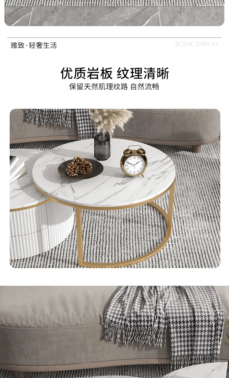 Rock slab coffee table round light luxury TV cabinet combination living room household marble size round