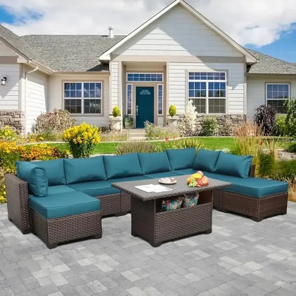 /-Patio Furniture 9 Piec Set with Cushions and 45” Gas fire Pit Table, Outdoor PE Rattan Sectional Conversation Sofa Set