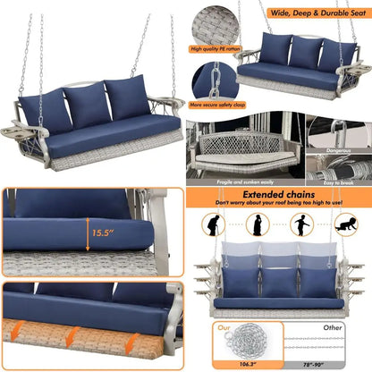 3-Person Heavy Duty Porch Swing Chair Outdoor Wicker Lounge with Cup Holder and Steel Chains, 900 LB Capacity