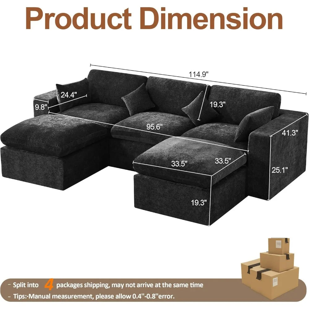 115'' Cloud Boneless Sectional Couch, Modular Sectional Sofa Deep Seat with 2 Ottomans, Oversized Upholstered Convertible Comfy