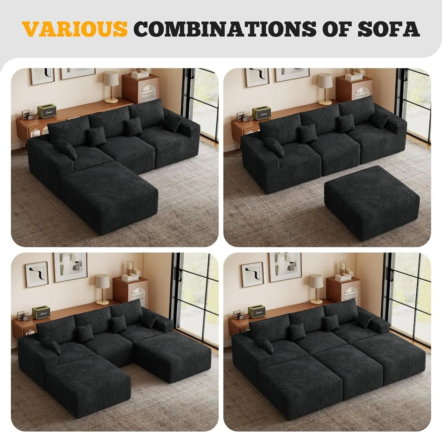 113" Modular Sectional Sofa, Convertible L-Shaped Cloud Couches For Living Room With Ottoman, 4 Seater Corduroy Boneless Couch S