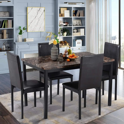 Dining Room Table Set,5-Piece Kitchen Dining Set with Glass Table Top 4 PU  Metal Frame Chairs A