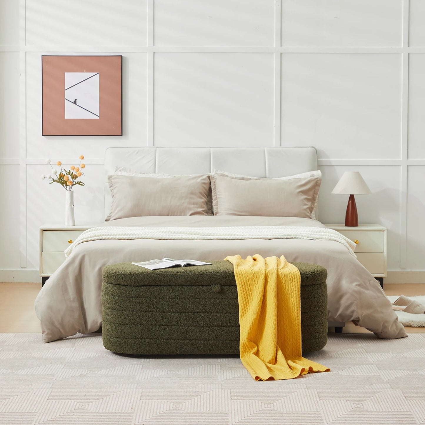 TODRANI 45" Storage Ottoman Bench, 300 Lb Capacity Teddy Upholstered, Safety Hinge, Flip-Top Oval Foot Rest With Foot Pads