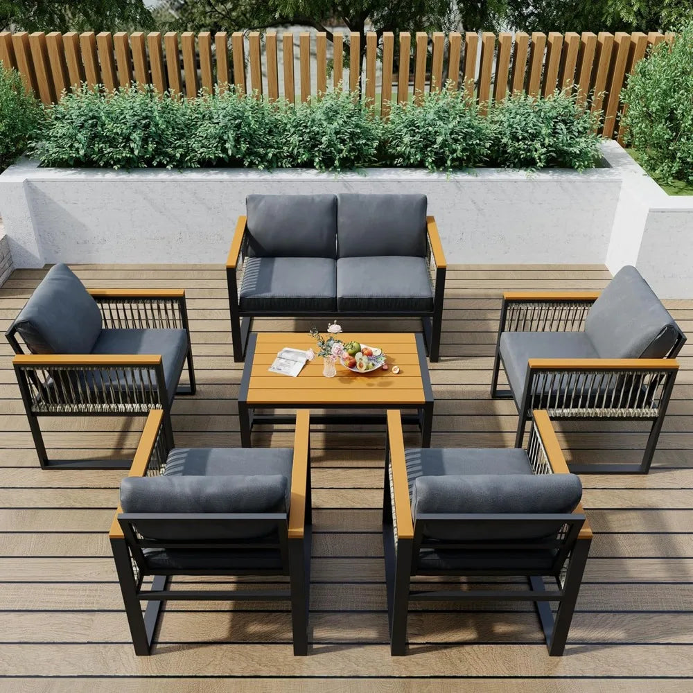 6 Pieces Outdoor Patio Furniture Set with Wicker Handrails, Plastic-Wood Balcony Furniture with Wicker Arm Panel, All-Weather M