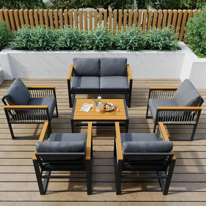 6 Pieces Outdoor Patio Furniture Set with Wicker Handrails, Plastic-Wood Balcony Furniture with Wicker Arm Panel, All-Weather M