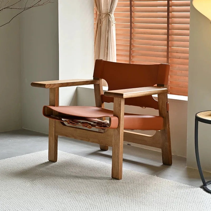 Luxury Modern Solid Wood Sofa Chair Leisure for Living Room Bedroom Lazy Lounge Single Mid century Leather Hotel Unique Design