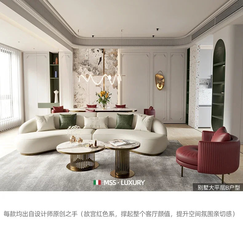 Two-color U-shaped villa leather sofa, modern light luxury semi-curved sofa