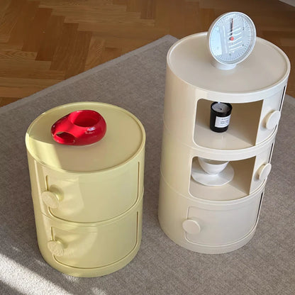 Plastic Round Nightstand Bedside Table Cabinet with Sliding Doors Round Storage Bedside Cabinet Nightstand  for Living Bedroom