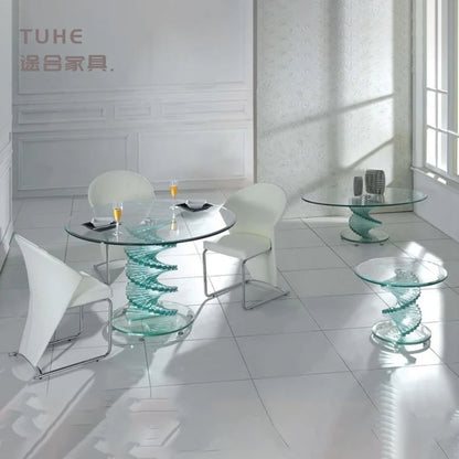 Italian Style Solid Wood Dining Table Light Luxury Curved Round Table Tempered Glass Living Room Hotel Personalized Dining Table