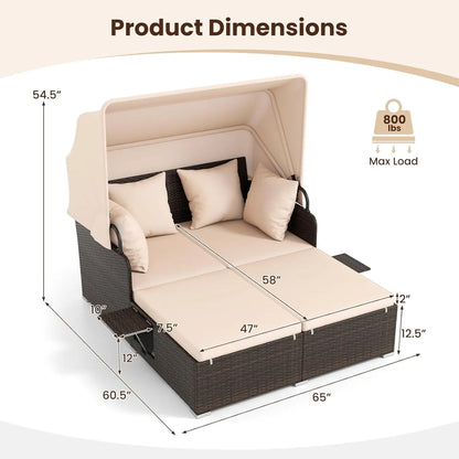 Outdoor Daybed, 2-Person Wicker Patio Sofa with Retractable Canopy, Cushions & Pillows, 2 Side Trays, PE Rattan Double, Custom