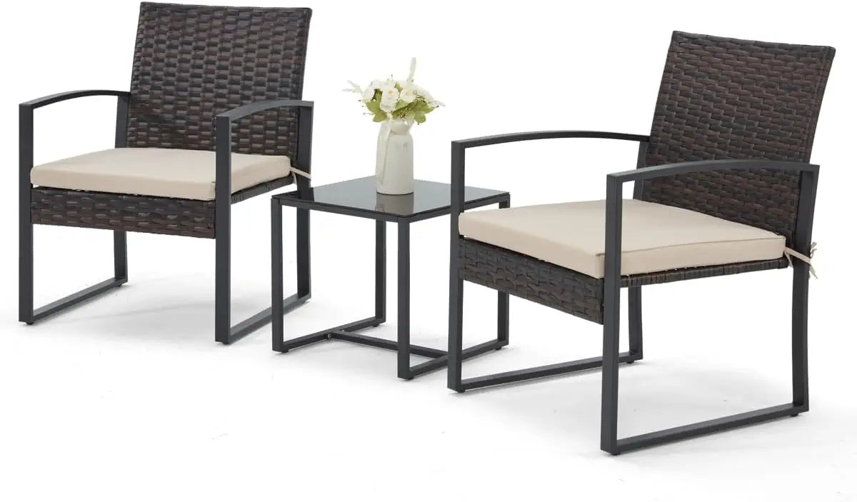 3 Pieces Patio Furniture Set, Outdoor Rattan Bistro Set with Coffee Table, Durable Steel Frame with Strapped Cushions
