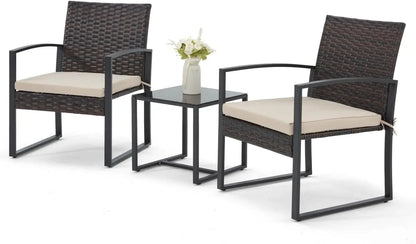 3 Pieces Patio Furniture Set, Outdoor Rattan Bistro Set with Coffee Table, Durable Steel Frame with Strapped Cushions