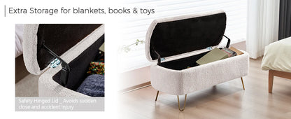40" Boucle Sherpa Upholstered Ottoman Bench with Gold Legs - Storage for Bedroom End, Entryway, Living Room