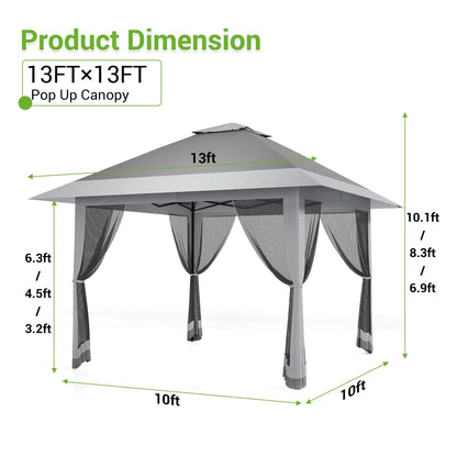 13x13Ft Pop Up Canopy Tent, One Push Setup Outdoor Gazebo With Mosquito Netting, Waterproof UV Protection Instant Shade Shelter