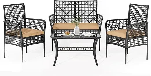 4-Piece Outdoor Wicker Patio Furniture Set with Cushions and Glass Top Coffee Table