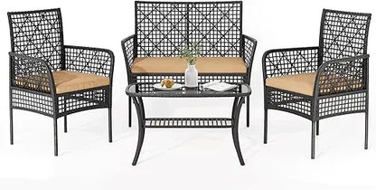 4-Piece Outdoor Wicker Patio Furniture Set with Cushions and Glass Top Coffee Table