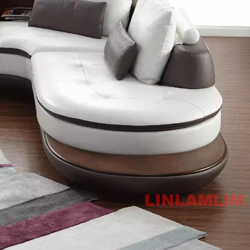 Modern Luxury Genuine Leather Sectional Sofa Set with Speaker and USB, U-Shaped Design Living Room Couch with Storage Shelves