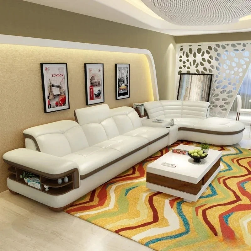 Luxury L-Shaped Genuine Leather Sectional Sofa Sets with USB, Bluetooth Speaker - MINGDIBAO Living Room Italian Leather Couches