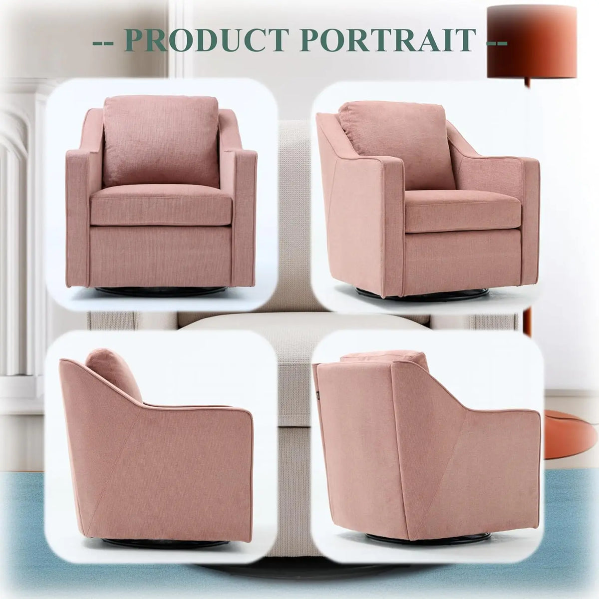 Swivel Accent Chair, 360° Rotation Chenille Fabric Upholstered Leisure Armchair with Lumbar Pillow for Living Room Bedroo