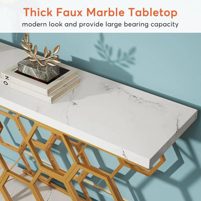 #For Gold Console Table, 55 Inch Modern Entryway Table Foyer Table with Metal Base, Faux Marble White Accent Table Narrow Sofa