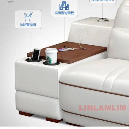 MINGDIBAO Modern Luxury Sectional Sofa Set with Chaise Lounge – Italian Genuine Leather Couch with Speakers, USB Port & Storage