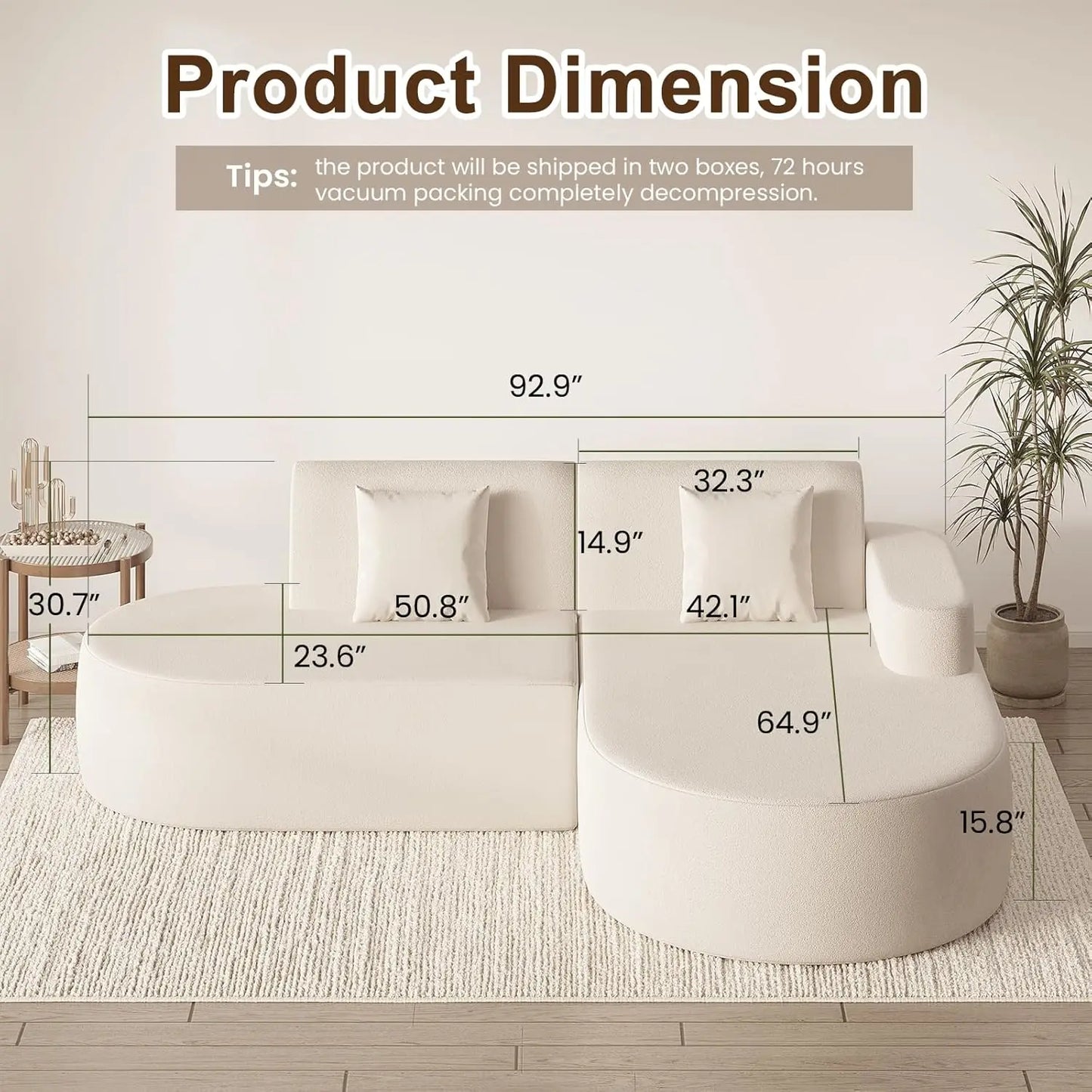 Modern Curved Boneless L-Shape Sectional Sofa Chenille Cloud Living Room Apartment Bedroom Right Facing, Customized