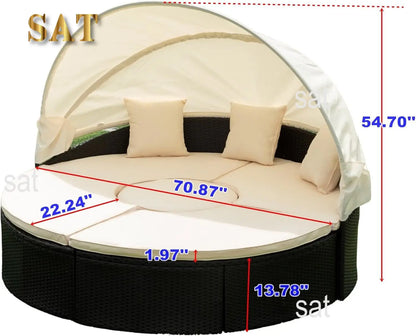 %a Patio Rattan Sunbed with Retractable Canopy, Round Outdoor Sectional Sofa Set with Separate Seating,liftable Table and Remov