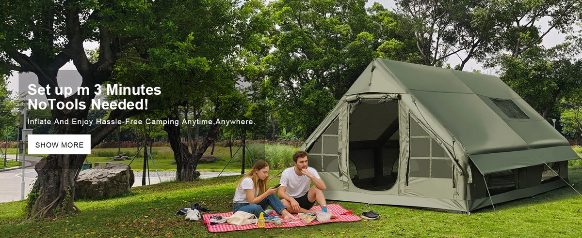 129 Square Feet Green Inflatable Camping Tent with Hand Pump,Waterproof Windproof Outdoor Blow up Tent with Chimney Stack