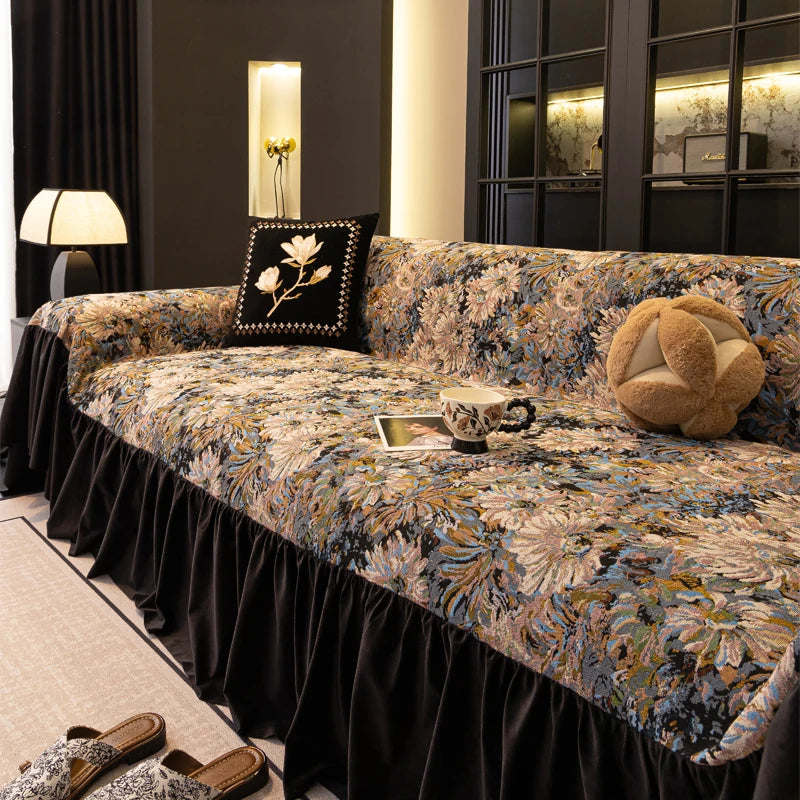 Sofa Cover with Ruffle Elegant Black Reversible for 2/3/4 Seater Couch Stretchable Slipcover Protector All Season Couch Blanket