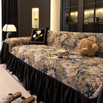 Sofa Cover with Ruffle Elegant Black Reversible for 2/3/4 Seater Couch Stretchable Slipcover Protector All Season Couch Blanket