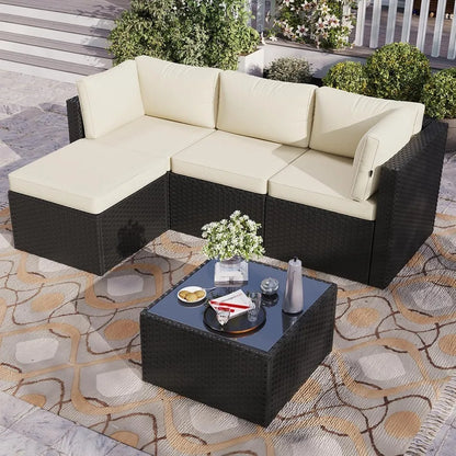 5-Piece Outdoor Sectional Sofa with Washable Cushion, Wicker Rattan Patio Conversation Set for Backyard Porch Poolside, Custom