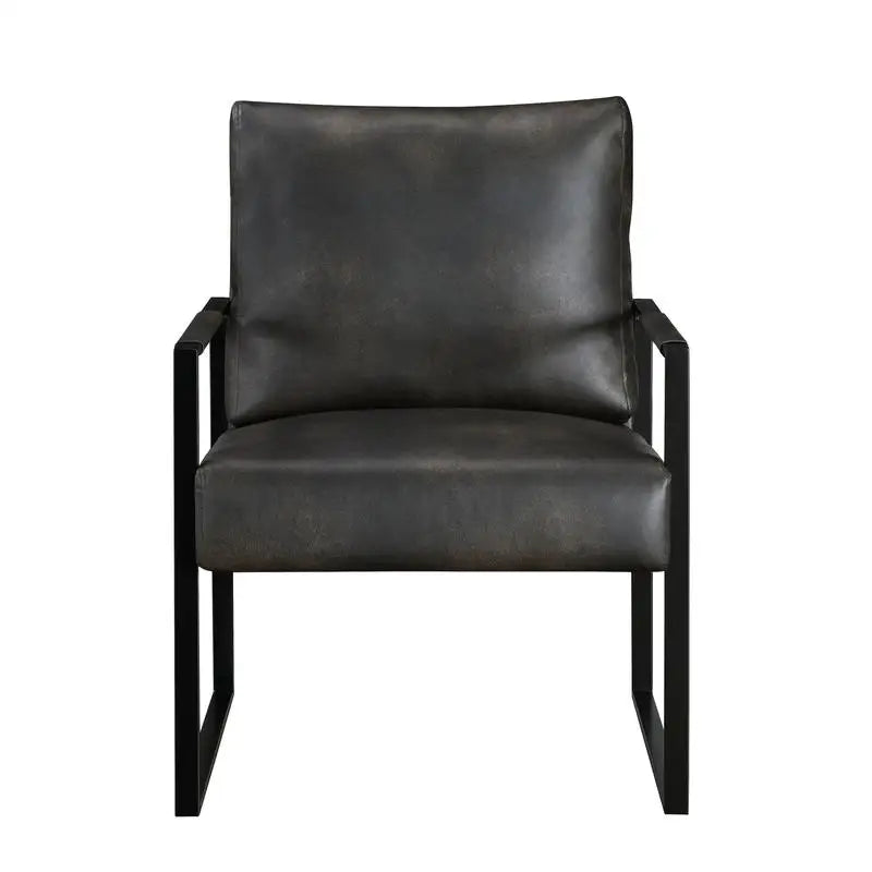 Modern Accent Chair with Cushioned Seat in Dark Gray Faux Leather, Stylish Black Metal Frame, Comfort, Durability, and Elegant