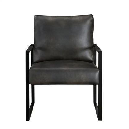 Modern Accent Chair with Cushioned Seat in Dark Gray Faux Leather, Stylish Black Metal Frame, Comfort, Durability, and Elegant