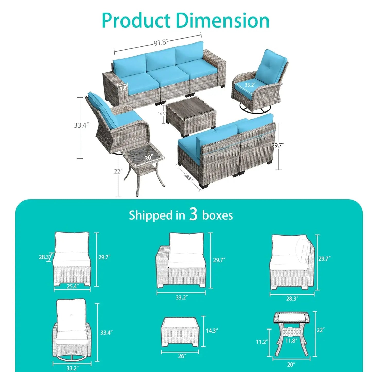 9-Piece Outdoor Patio Furniture Set with Rocking Swivel Chair Wicker Sectional Sofa Set, Patio Conversation Set, Customized