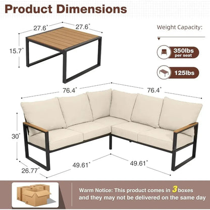 "6-Piece L-Shaped Patio Set - Outdoor Sectional Sofa w/ Faux-Wood Side Table, All-Weather Conversation Group"
