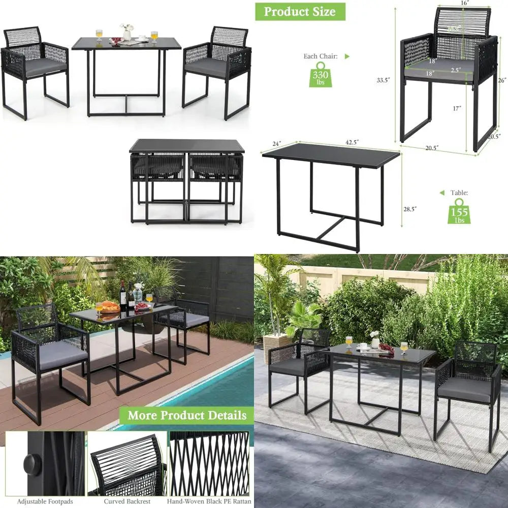 Outdoor Patio Dining Set with Cushions, Folding Backrest, Tempered Glass Table, PE Rattan Furniture
