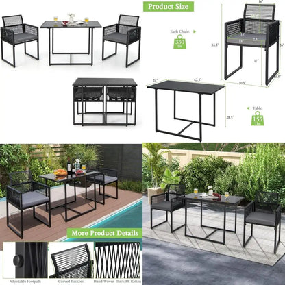 Outdoor Patio Dining Set with Cushions, Folding Backrest, Tempered Glass Table, PE Rattan Furniture