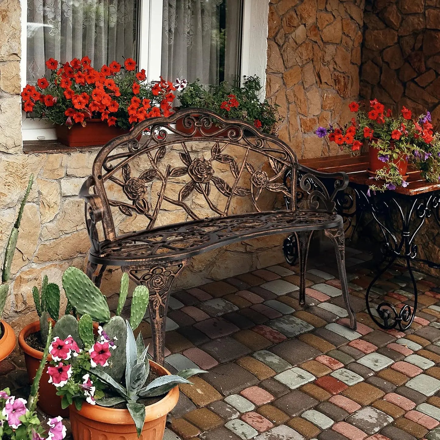 38.5" Patio Park Garden Outdoor Metal Rose Bench, 2-Person Cast Iron Cast Aluminium Frame Antique Finish Chair,Accented Lawn Fro