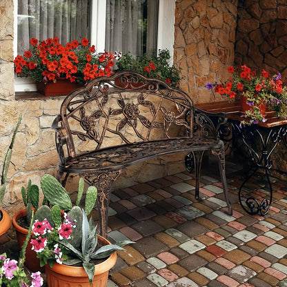 38.5" Patio Park Garden Outdoor Metal Rose Bench, 2-Person Cast Iron Cast Aluminium Frame Antique Finish Chair,Accented Lawn Fro