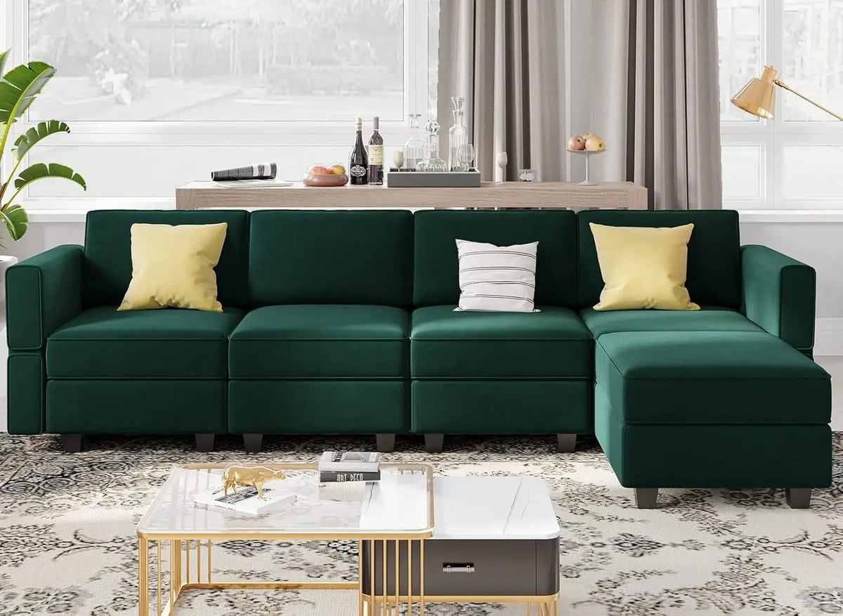 Grey Velvet Modular Sectional Sofa L-Shape Reversible Chaise Storage 4-Seat Living Room, Customized