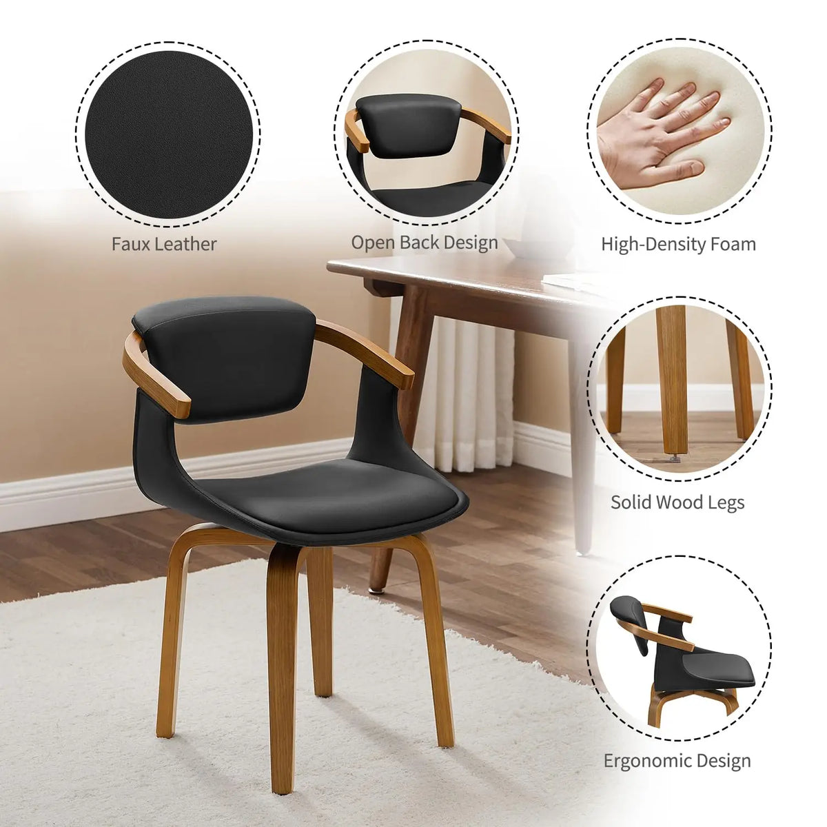 Swivel Desk Chair No Wheels, Mid Century Modern Office Chair, Faux Leather Dining Chair with Wood Legs, Accent Arm, Customized