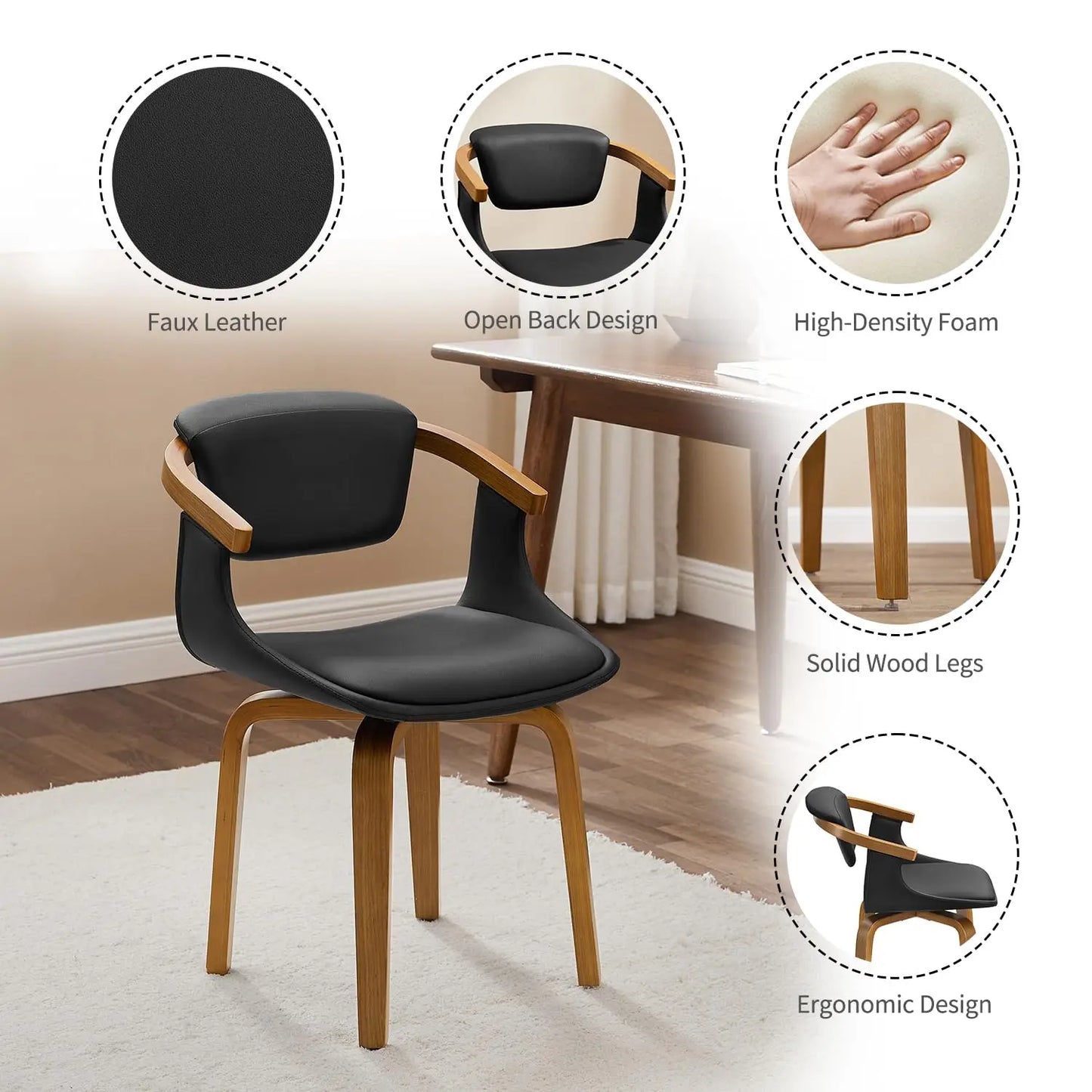 Swivel Desk Chair No Wheels, Mid Century Modern Office Chair, Faux Leather Dining Chair with Wood Legs, Accent Arm, Customized