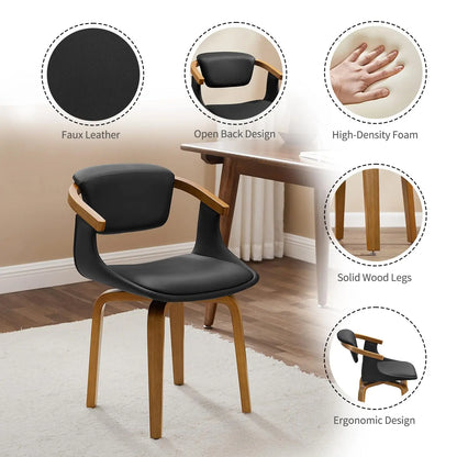 Swivel Desk Chair No Wheels, Mid Century Modern Office Chair, Faux Leather Dining Chair with Wood Legs, Accent Arm, Customized