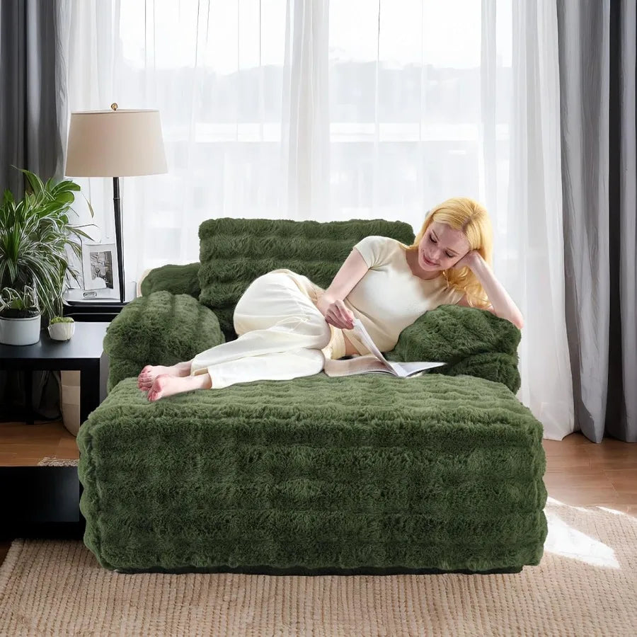 Chaise Lounge Chair Green Boneless Couch Oversized Reading Chair Upholstered Bubble Fleece Cloud Couch Sofa Recliner Bed