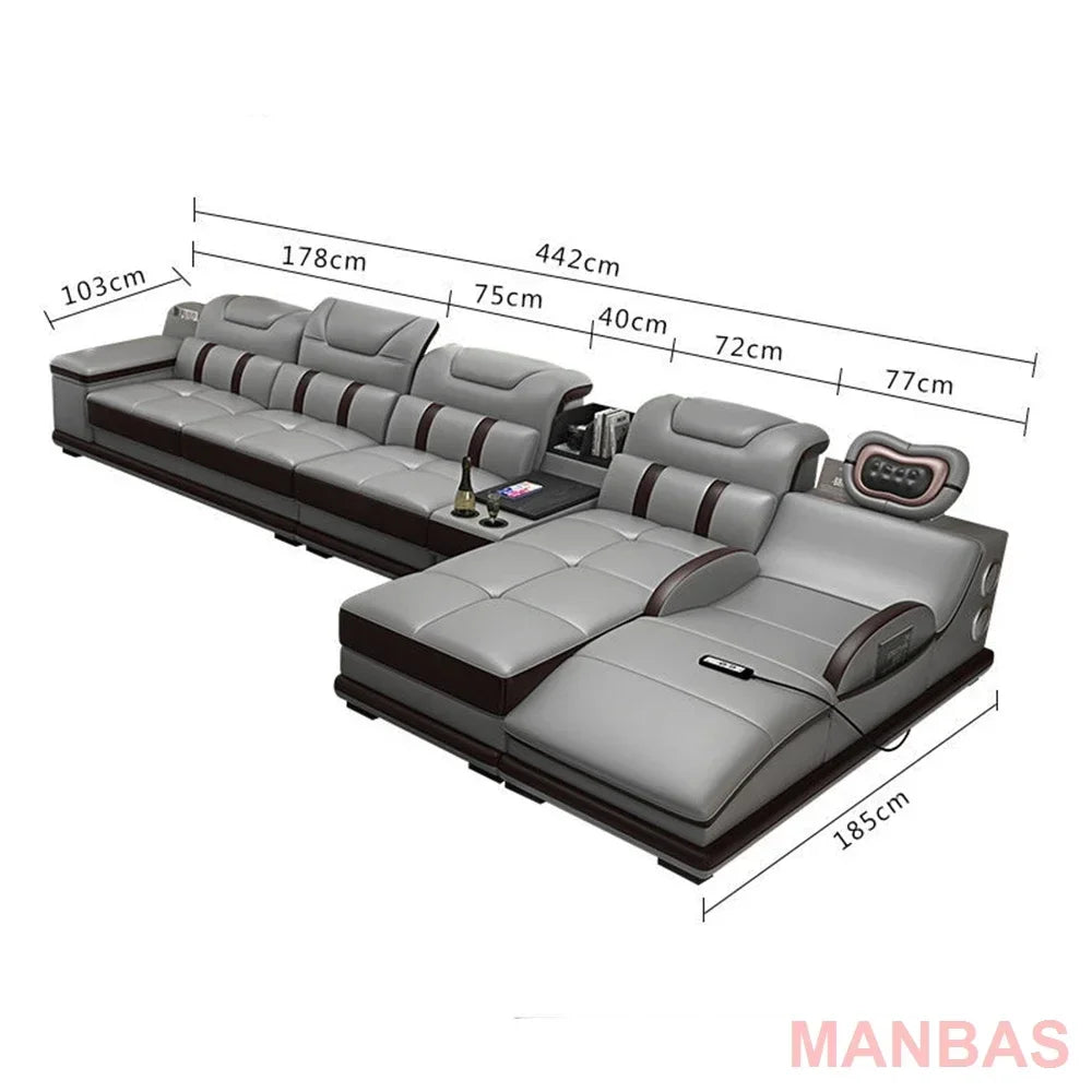 Genuine Leather Sectional Sofa with Bluetooth Speaker, Massage Chaise L Shape Corner Sofa，Functional Headrest