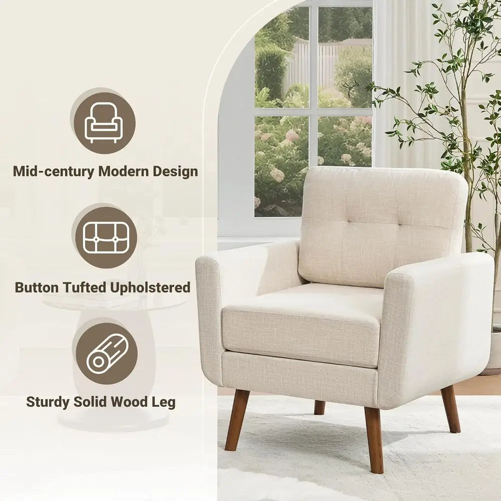 Linen Fabric Single Sofa, Accent Chair, Living Room or Bedroom, Button-Tufted Upholstered, Comfortable Reading Sofa, Beige